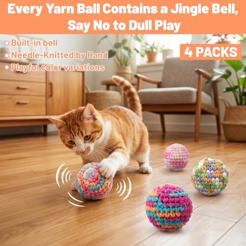 CIATBYYJ 4Pcs 1.57" Yarn Cat Toy Balls, Hand-Crocheted Yarn Cat Ball with Bell Inside, Kittens Chew Toys for Indoor Cats Kitty, Interactive Cats Nip Chew Toys for All Pet Breed - Image 4