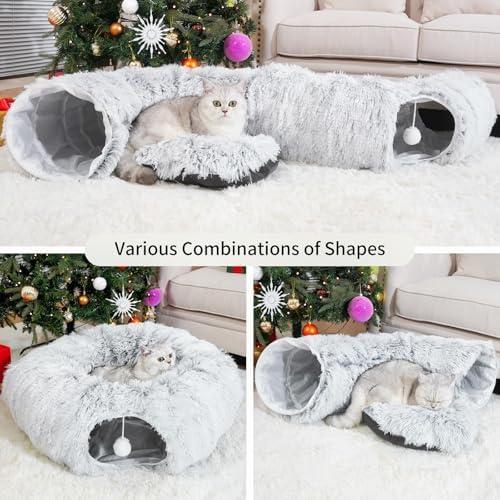 Cat Tunnels for Indoor Cats, Cat Tunnel Bed Under Christmas Tree, Collapsible Donut Tunnel for Medium & Large Cat, Peekaboo Cave Toy, Gray - Image 3