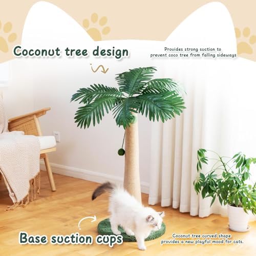 43.3inch Palm Tree Shape Style Sisal Cat Tree Scratching Post Cats, Wear Resistant Cat Claw Scratcher with Plush Stable Base & Hanging Toy Ball, Green - Image 4