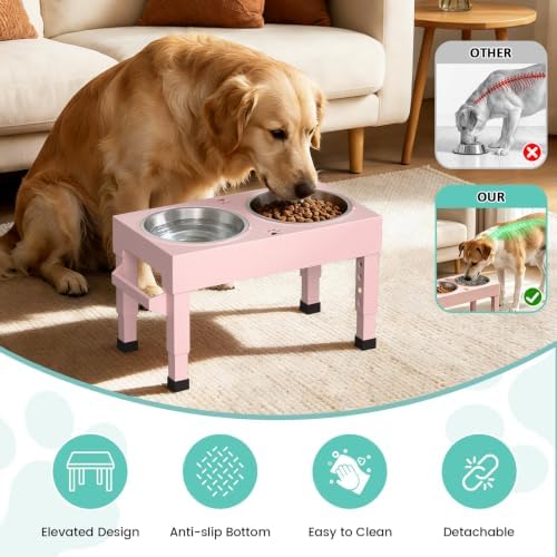 Elevated Dog Bowls Stand Large Breed, Height Adjustable Raised Dog Bowls Holder with 2 Stainless Steel Food Bowls for Small, Medium and Large Canine，Pink - Image 5