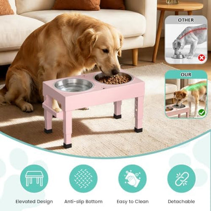 Elevated Dog Bowls Stand Large Breed, Height Adjustable Raised Dog Bowls Holder with 2 Stainless Steel Food Bowls for Small, Medium and Large Canine，Pink - Image 5