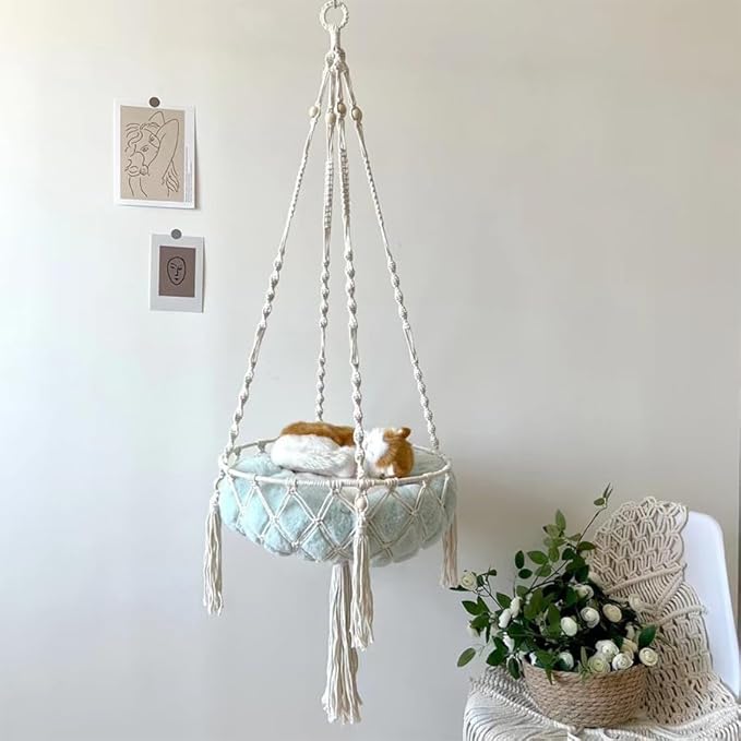 Macrame Cat Hammock Bed in Cotton White - Extra Large 40" Hanging Swing for Large Cats, Handmade Natural Rope Pet Nest, Boho Modern Wall Mounted Cat Chair, No Cushion
