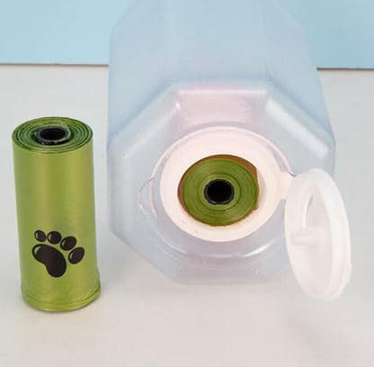 Three-in-One Pet Water Bottle and Food Container, Pink, Leak-Proof Design with Waste Bag Dispenser, 300ml Water, 100g Food Capacity