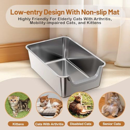 Stainless Steel Cat Litter Box, Steel Litter Pan with Curved Low Entry, Leak Proof 6 Inch High Side for Urine, Easy Entry for Kittens Older Cats, No Slip, 23.6" x 15.7" x 7.9", Grey - Image 5