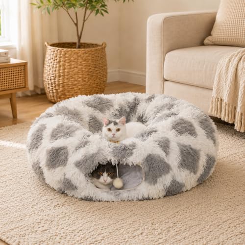 Warm Fluffy Plush Cat Tunnel Bed with Washable Cushion- Big Tube Playground Toys 3 FT Diameter Collapsible, for Indoor Cat Kitty Kitten Puppy Rabbit Ferret Gray-White Diamond Pattern by MAKEPETLUCKY-WelcometoCatTunnelClub