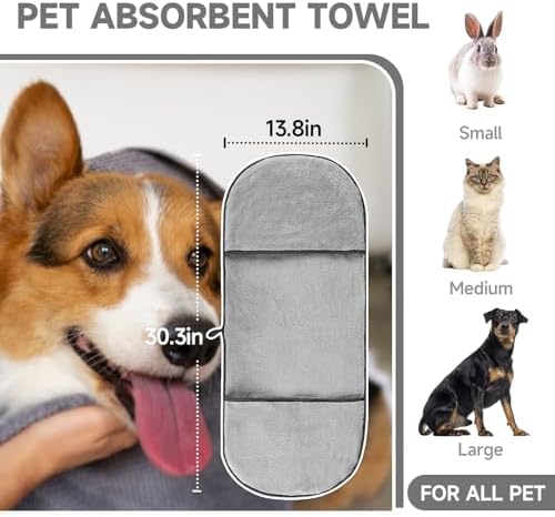 Dog Washing Gloves - Quick Drying Dog Towel,Cat Bath Grooming Gloves Brush with High-Density Teeth for Bathing Massaging，Absorbent Pet Bath Towel 30.3"x13.8" with Hand Pocket for Dog Cat Grey - Image 5