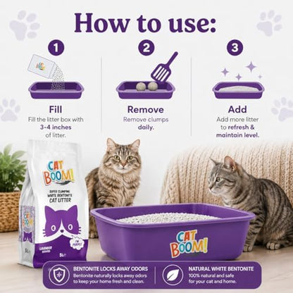 CatBoom Premium White Bentonite Clumping Clay Cat Litter Lavender| Super Absorbent Fine Granule Kitty Supplies | 99.5% Dust Free Multi-Cat Formula | Low Tracking Paw-Friendly 18.5 lb - Image 6