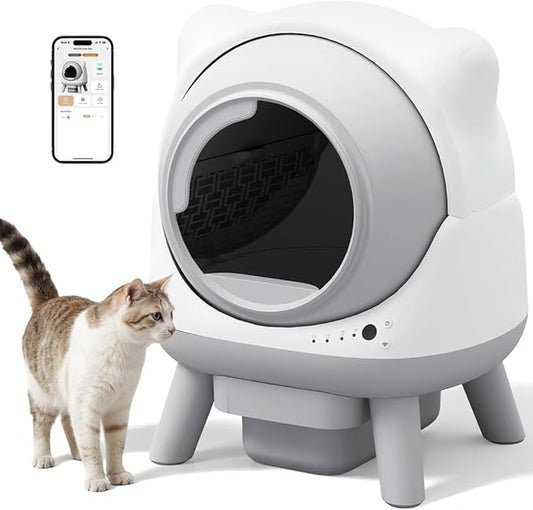 Greesum Smart Self-Cleaning Litter Box with App Control and Safety Sensor |Ideal for Multi-Cat Households | Health Monitoring Features, Set Includes Leak-Proof Mat and Litter Bags