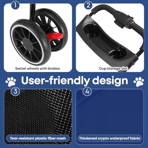 Pet Stroller,Dog Stroller for Small Medium Dogs Cats,3 Wheels,Navy Blue - Image 5