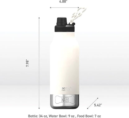 asobu Buddy Bottle a Stainless Steel Insulated Water Bottle for with Removable Dog Water Bowl and Dog Food and Treat Storage Bowl (White, 34 oz Water Bottle | 2 Bowls)