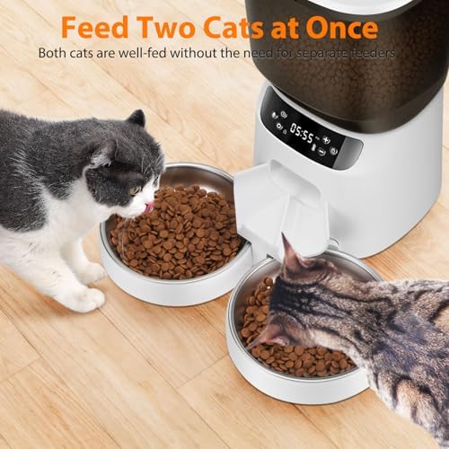 Automatic Cat Feeders for Two Cats, 5L/20 Cups Double Automatic Cat Food Dispenser with 2 Stainless Bowls, Timer Setting 20 Portions 6 Meals Per Day, 10s Meal Call (White) - Image 2