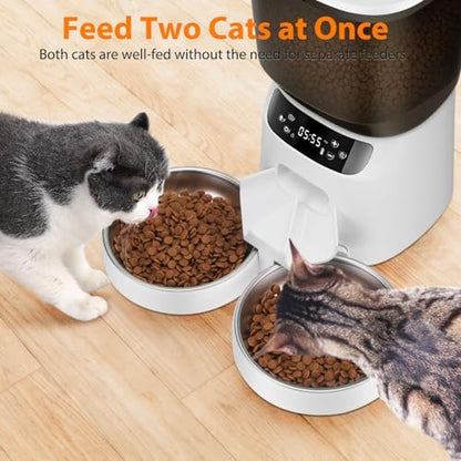 Automatic Cat Feeders for Two Cats, 5L/20 Cups Double Automatic Cat Food Dispenser with 2 Stainless Bowls, Timer Setting 20 Portions 6 Meals Per Day, 10s Meal Call (White) - Image 2