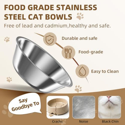 Elevated Cat Bowls, 2P Raised Cat Food and Water Bowl Set for Indoor Cats, Splash Proof with 2 Stainless Steel Food Bowls for Cats ＆ Puppies, Whisker Friendly and Dishwasher Safe - Black - Image 2