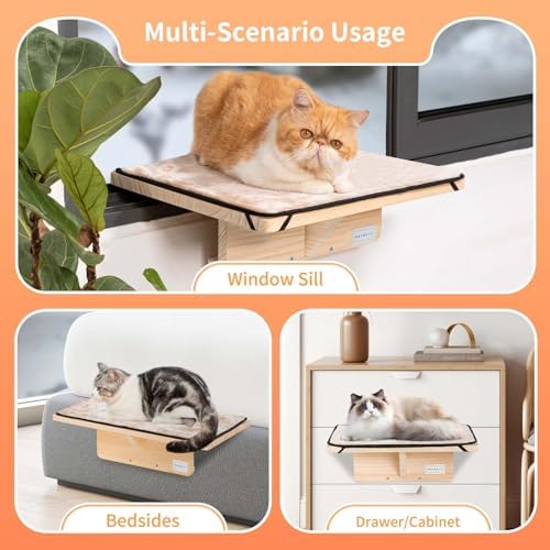 Petsfit Cat Window Perch Natural Solid Wood with Removable Fleece Mat, Safety Sturdy Cat Perch, Fit for Windows/Door/Drawer - Image 2
