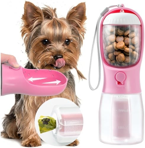 Portable Water Bottle for Small Dogs, 3 in 1 Pet Travel Bowl Dispenser with Food Treat Container & Poop Bag Holder, Summer Hiking Walking Accessories for Puppy On The Go - Pink, 10oz by MoonyMars