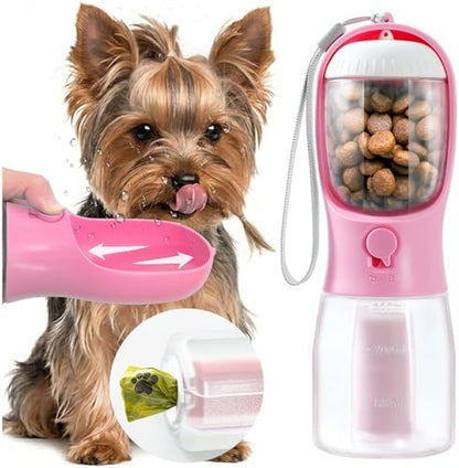 Portable Water Bottle for Small Dogs, 3 in 1 Pet Travel Bowl Dispenser with Food Treat Container & Poop Bag Holder, Summer Hiking Walking Accessories for Puppy On The Go - Pink, 10oz by MoonyMars
