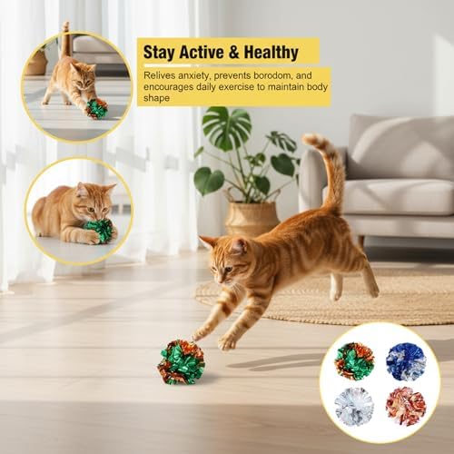 Crinkle Balls Cat Toys, 4 Pcs 3.54 Inch Cat Toys for Indoor Cats, Shiny Mylar Colorful Cats Pounce Chase Toy Attract Kitten to Swat, Interactive Toy for Kittens to Kill Time and Keep Fit - Image 4