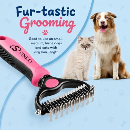 Sinko Shedding Brush For Dog and Cat, Undercoat Rake with Extra Wide Double-Sided Stainless Teeth for Detangling, Deshedding, Brushing & Removing Shed Fur, Knots, Mats, and Tangles in Pets (Pink) - Image 4