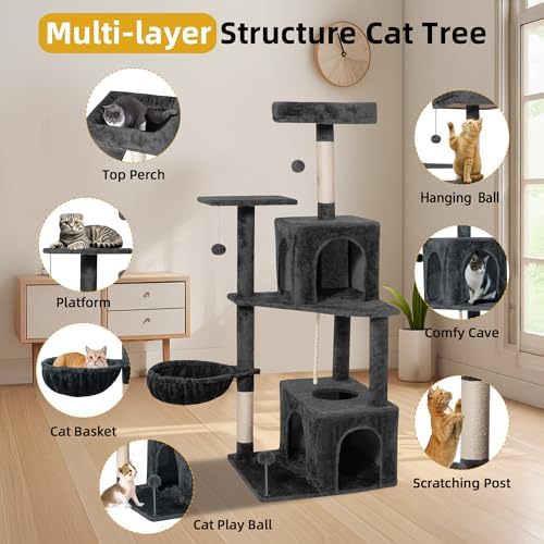 54inch Large Cat Tree Tower Condo with Hammock for Indoor Cats, Soft Plush Multi-Level Climbing Tree Cat House with Cat Cave, Scratching Post, Sisal Rope, Grey Black - Image 5