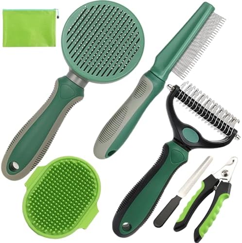 Pet Grooming Kit - 7 PCS Green Deshedding Brush Set with Undercoat Rake, Slicker Brush, Bath Brush & Nail Clipper for Short & Long-Haired Dogs and Cats by KUEIOX