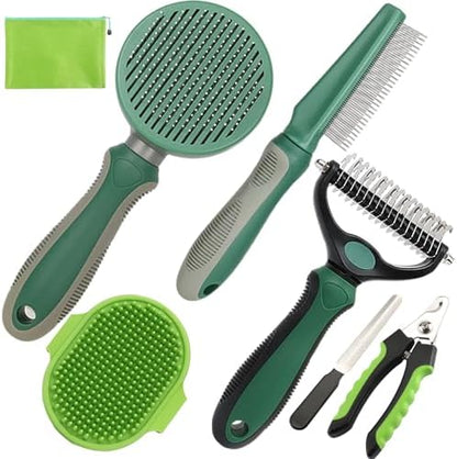 Pet Grooming Kit - 7 PCS Green Deshedding Brush Set with Undercoat Rake, Slicker Brush, Bath Brush & Nail Clipper for Short & Long-Haired Dogs and Cats by KUEIOX
