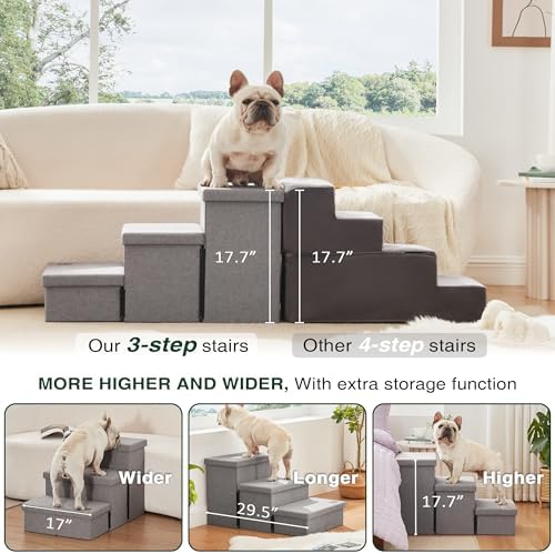 Love's cabin Dog Stairs for High Bed, Foldable Pet Stairs for Small Medium or Large Dogs Puppy with Storage for Bed or Couch, Cat Dog Steps Ramp with Zip up to 200 lbs, Solid Grey, 3 Steps - Image 3