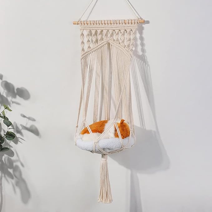 Macrame Cat Hammock, Hanging Cat Bed Hammock Cat Swing for Indoor Cats, Boho Cat Swing Bed for Sleeping, Playing, Climbing, and Lounging, Picture 4