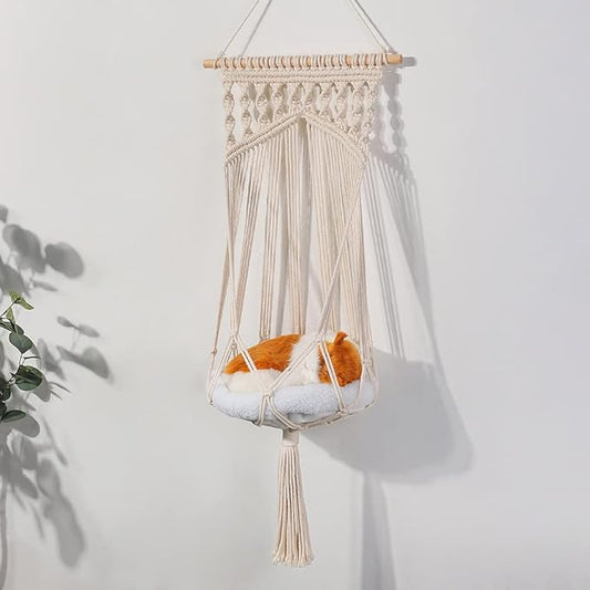 Macrame Cat Hammock, Hanging Cat Bed Hammock Cat Swing for Indoor Cats, Boho Cat Swing Bed for Sleeping, Playing, Climbing, and Lounging, Picture 4