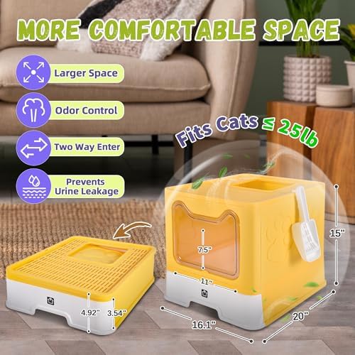 Covered Cat Litter Box, Extra Large Drawer Design with Dual Entry, Yellow - Image 2