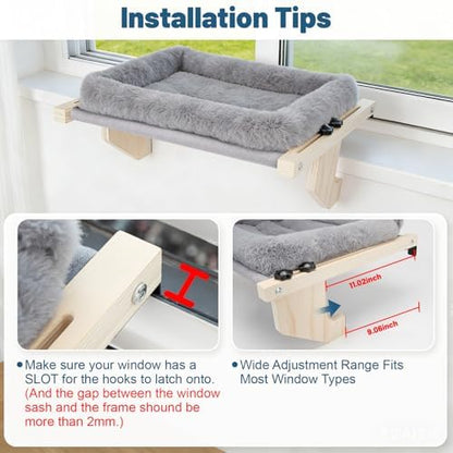 Cat Sill Window Perch - 100% Natural Pine Frame, Soft Plush Fleece, Tool-Free Adjustment, Supports 40 lbs (Medium-Grey) - Image 7