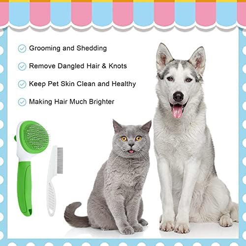 Cat Brushes for Indoor Cats, Dog Brush for Shedding with Metal Cat Comb, Self Cleaning Pet Hair Brush with Release Button for Grooming Kitten(Green) - Image 4