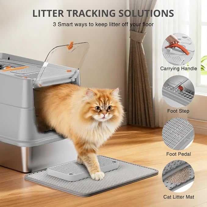 Stainless Steel Cat Litter Box, XL Enclosed Cat Litter Box with Lid, Easy to Clean High-Sided Metal Kitty with Top Entry, Scoop, Mat, Brush & Foot Pedal-Light Gray