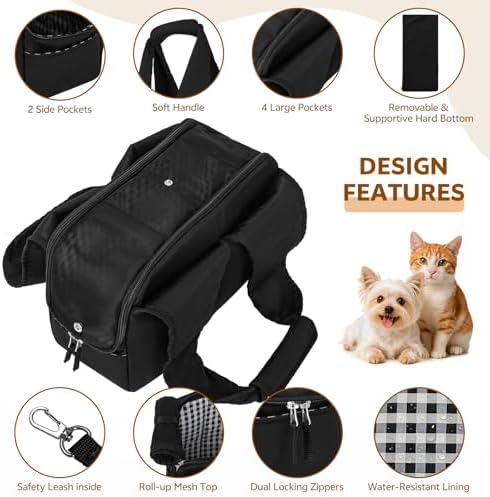 Dog Purse Carrier for Small Dogs and Cats, Soft-Sided Pet Tote Bag with 6 Large Pockets, Collapsible Travel Puppy Carrier, Fits Pets up to 13 lbs (Black, 15.7" L x 8" W x 11.8" H) - Image 5