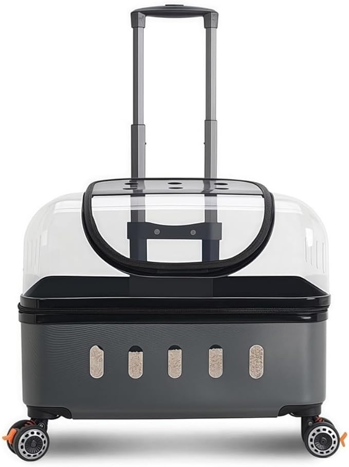 Pet Carrier with Wheels, Travel Pet Case with Transparent Window, Dog & Cat Carrier for Pets Weighing Up to 22 Pounds (Gray)