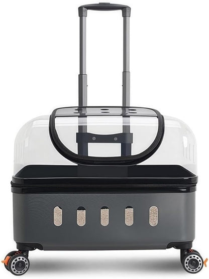 Pet Carrier with Wheels, Travel Pet Case with Transparent Window, Dog & Cat Carrier for Pets Weighing Up to 22 Pounds (Gray)