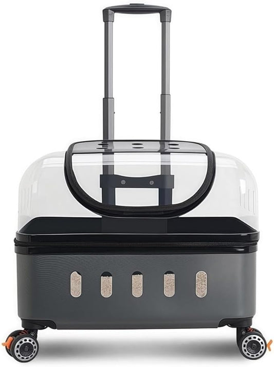 Pet Carrier with Wheels, Travel Pet Case with Transparent Window, Dog & Cat Carrier for Pets Weighing Up to 22 Pounds (Gray)