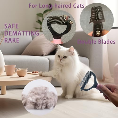 Cat Grooming Brush Kit 6 Tools - Deshedding & Dematting for Long/Short Hair, Self-Cleaning Slicker Brush with 6-in-1 Flea Comb for Cats & Kittens (Pink) - Image 3
