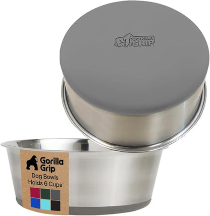 GORILLA GRIP Dog Bowls, Food Grade 304 Stainless Steel, Holds 6 Cups Each (48 fl oz) Food and Water Bowl for Feeding Dogs and Cats, Dishwasher Safe, Rust Resistant, BPA Free Rubber Base Set of 2 Gray