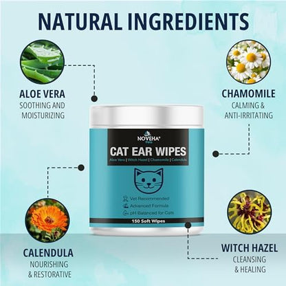 NOVEHA 150 PCs Cat Ear Wipes that Gently Clean & Soothe Sensitive Cat Ears; Soft Ear Cleaner for Removing Wax, Dirt & Odor; Alcohol-Free Ear Care with pH Balanced Formula; Unscented Grooming Care - Image 3