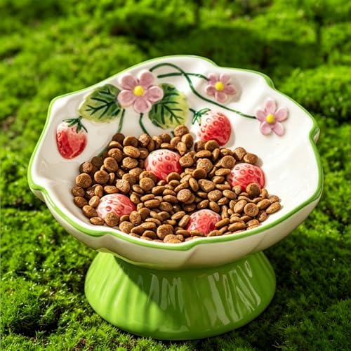 Ceramic Strawberry Elevated Cat Bowls, Tilted Raised Pet Dish for Anti Vomit, Spine Protection, Whisker Friendly - Excellent Raised Food and Water Bowl for Indoor Cats, Flat-Faced Cats (Green) - Image 6