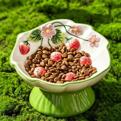 Ceramic Strawberry Elevated Cat Bowls, Tilted Raised Pet Dish for Anti Vomit, Spine Protection, Whisker Friendly - Excellent Raised Food and Water Bowl for Indoor Cats, Flat-Faced Cats (Green) - Image 6