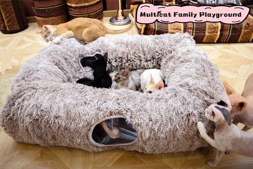 XxingSheep 4 Cave Shuttled XL Cat Tunnel Bed for Indoor Cats Peekaboo Toy Donut with Warm Mat, Yellow-Brown - Image 2