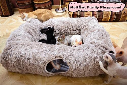 XxingSheep 4 Cave Shuttled XL Cat Tunnel Bed for Indoor Cats Peekaboo Toy Donut with Warm Mat, Yellow-Brown - Image 2