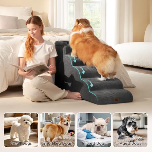 EHEYCIGA 5-Step Curved Dog Stairs for High Beds 20.7" H, Grey - Image 2