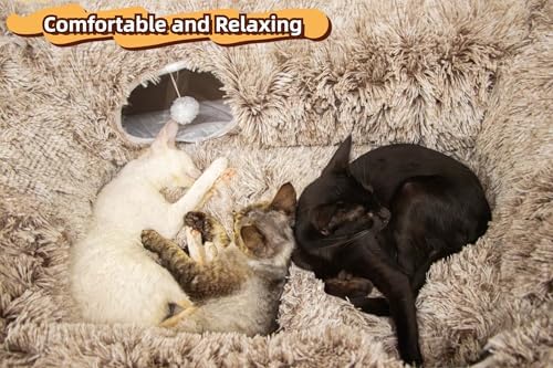 XxingSheep 4 Cave Shuttled XL Cat Tunnel Bed for Indoor Cats Peekaboo Toy Donut with Warm Mat, Yellow-Brown - Image 3