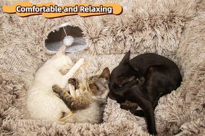 XxingSheep 4 Cave Shuttled XL Cat Tunnel Bed for Indoor Cats Peekaboo Toy Donut with Warm Mat, Yellow-Brown - Image 3