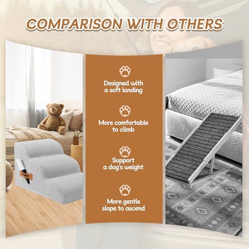 Romrol Dog Stairs Ramp for Beds Couches, Extra Wide Pet Steps with Durable Non-Slip Waterproof Fabric Cover, Dog Slope Stairs for Small Dogs and Cats or Pets Friendly, 3-Tiers, 13 Inch,Light Grey - Image 4
