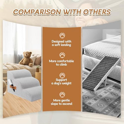 Romrol Dog Stairs Ramp for Beds Couches, Extra Wide Pet Steps with Durable Non-Slip Waterproof Fabric Cover, Dog Slope Stairs for Small Dogs and Cats or Pets Friendly, 3-Tiers, 13 Inch,Light Grey - Image 4
