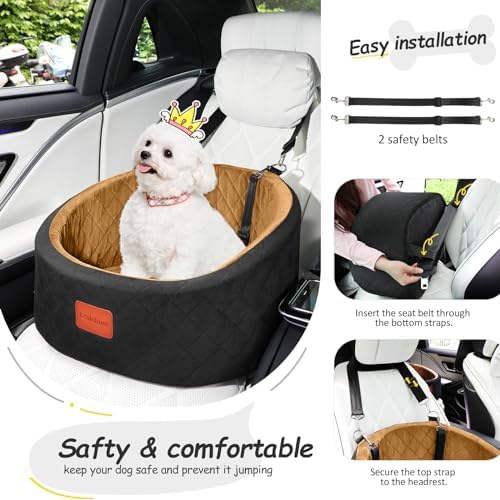 Lealchum Dog Car Seat for Small Dogs Up to 30 Lbs,Ultra Soft Fabric Fill in Comfy Memory Foam,Happy Pet Ride,2 Safety Dog Leashes,Fully Detachable and Washable,Anti Slip Base(Black/Coffee) - Image 4