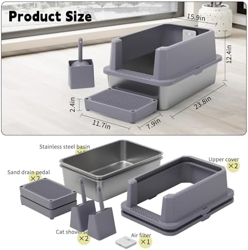 RIZZARI Stainless Steel Litter Box: Leakproof 2-Pack High Walls for Cats - Image 2